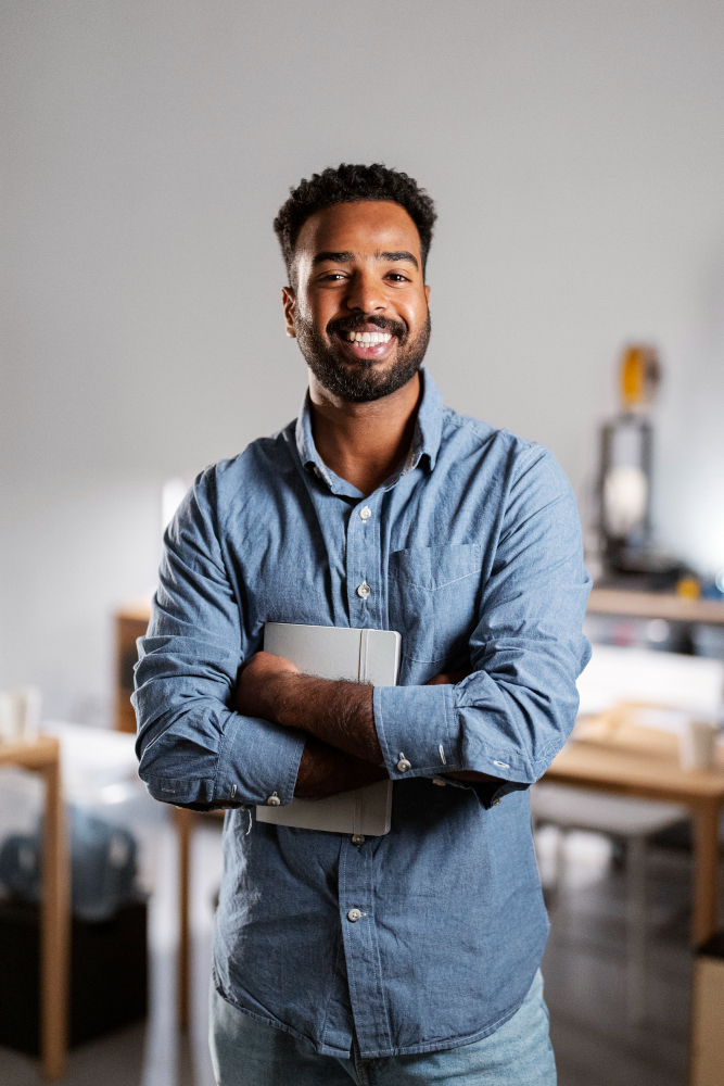 Colaborador usando o sistema de ponto online MarcPonto no ambiente de trabalho